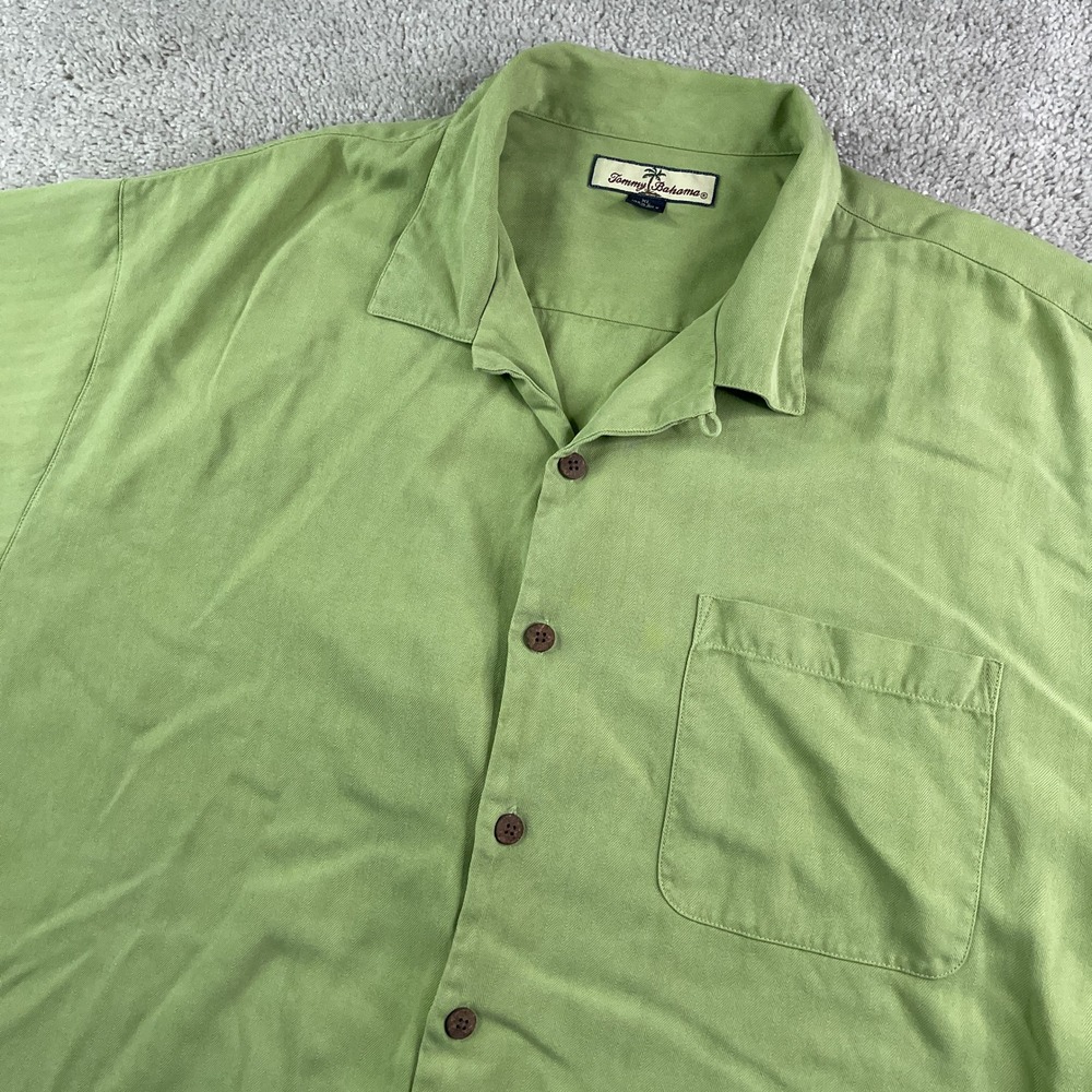 Tommy Bahama Shirt Mens XL Green Silk Herringbone Camp Loop Collar Island Beach